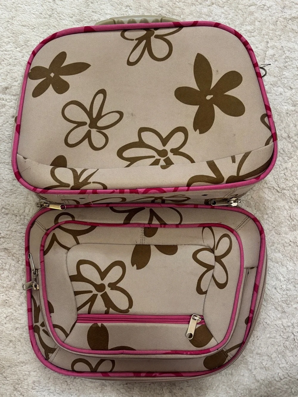 Beige Floral Travel Carry Bag with Pink Trim